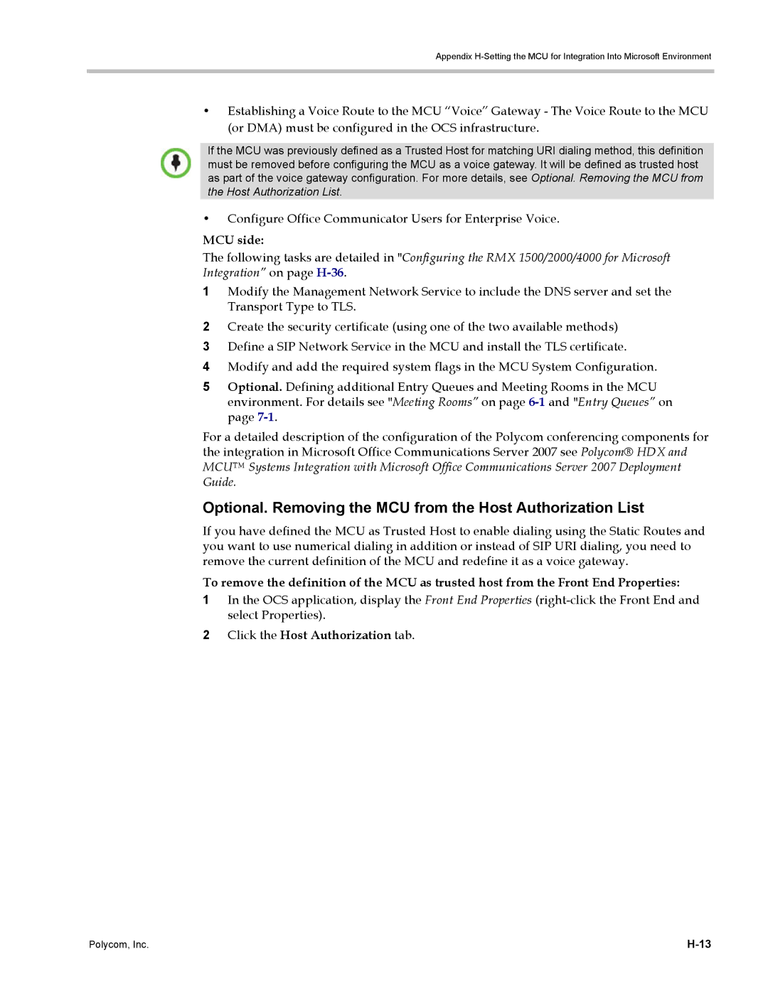 Polycom DOC2702A, RMX 1500 manual Optional. Removing the MCU from the Host Authorization List 