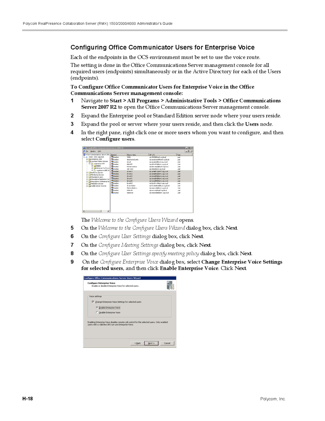 Polycom RMX 1500, DOC2702A manual Configuring Office Communicator Users for Enterprise Voice 