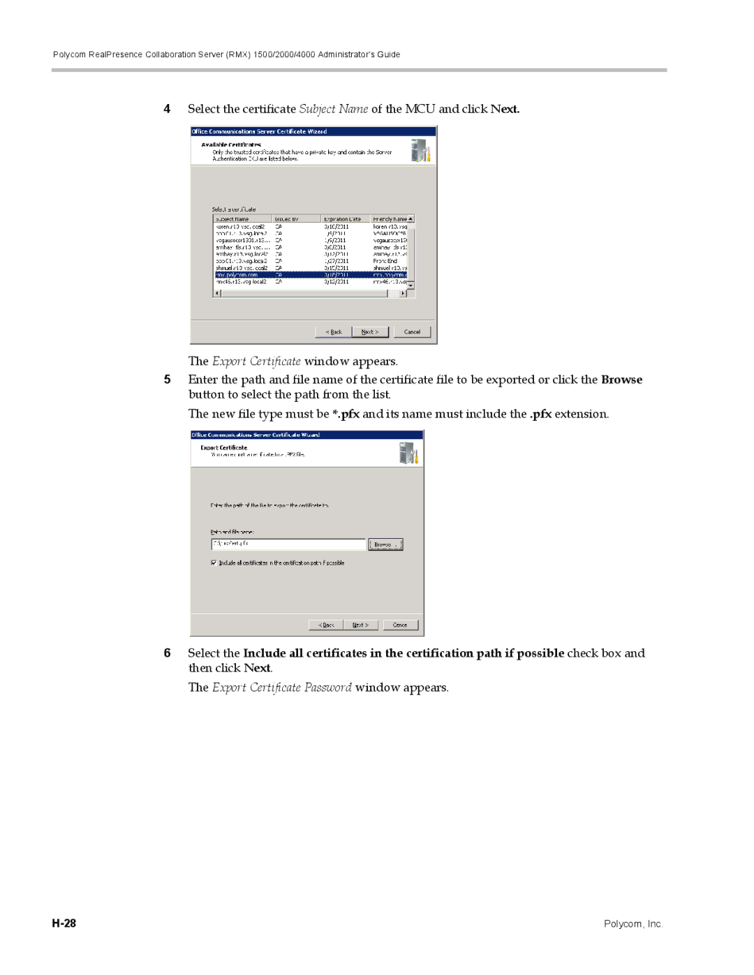 Polycom RMX 1500, DOC2702A manual Export Certificate Password window appears 