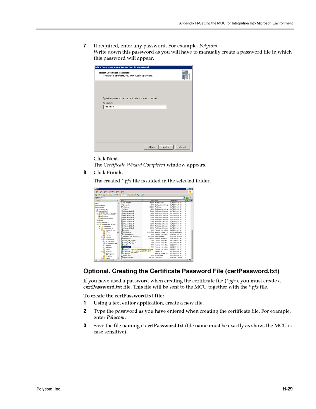 Polycom DOC2702A, RMX 1500 manual Certificate Wizard Completed window appears, To create the certPassword.txt file 