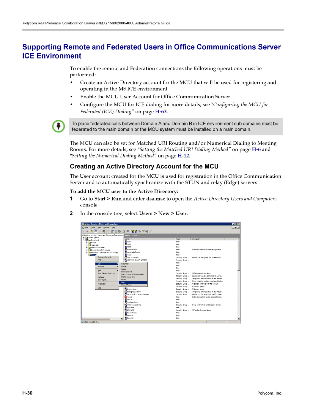 Polycom RMX 1500, DOC2702A Creating an Active Directory Account for the MCU, To add the MCU user to the Active Directory 