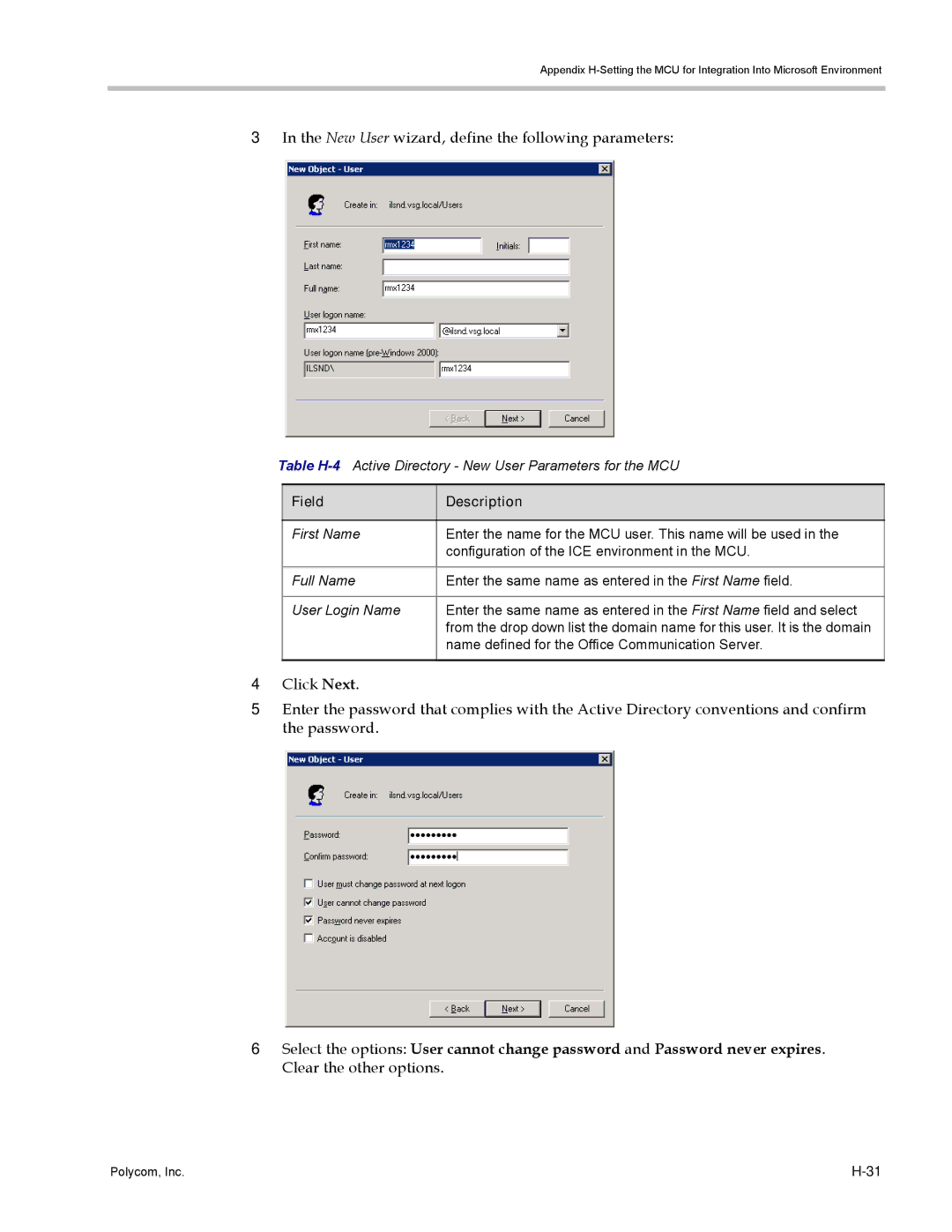 Polycom DOC2702A manual New User wizard, define the following parameters, Name defined for the Office Communication Server 