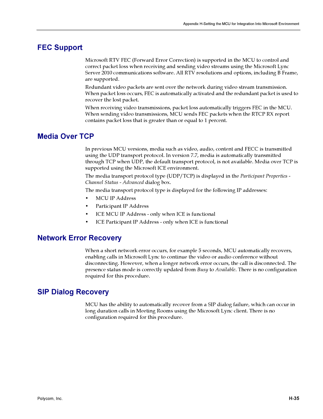 Polycom DOC2702A, RMX 1500 manual FEC Support, Media Over TCP, Network Error Recovery, SIP Dialog Recovery 