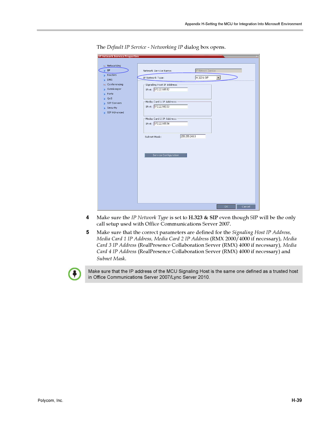 Polycom DOC2702A, RMX 1500 manual Default IP Service Networking IP dialog box opens 