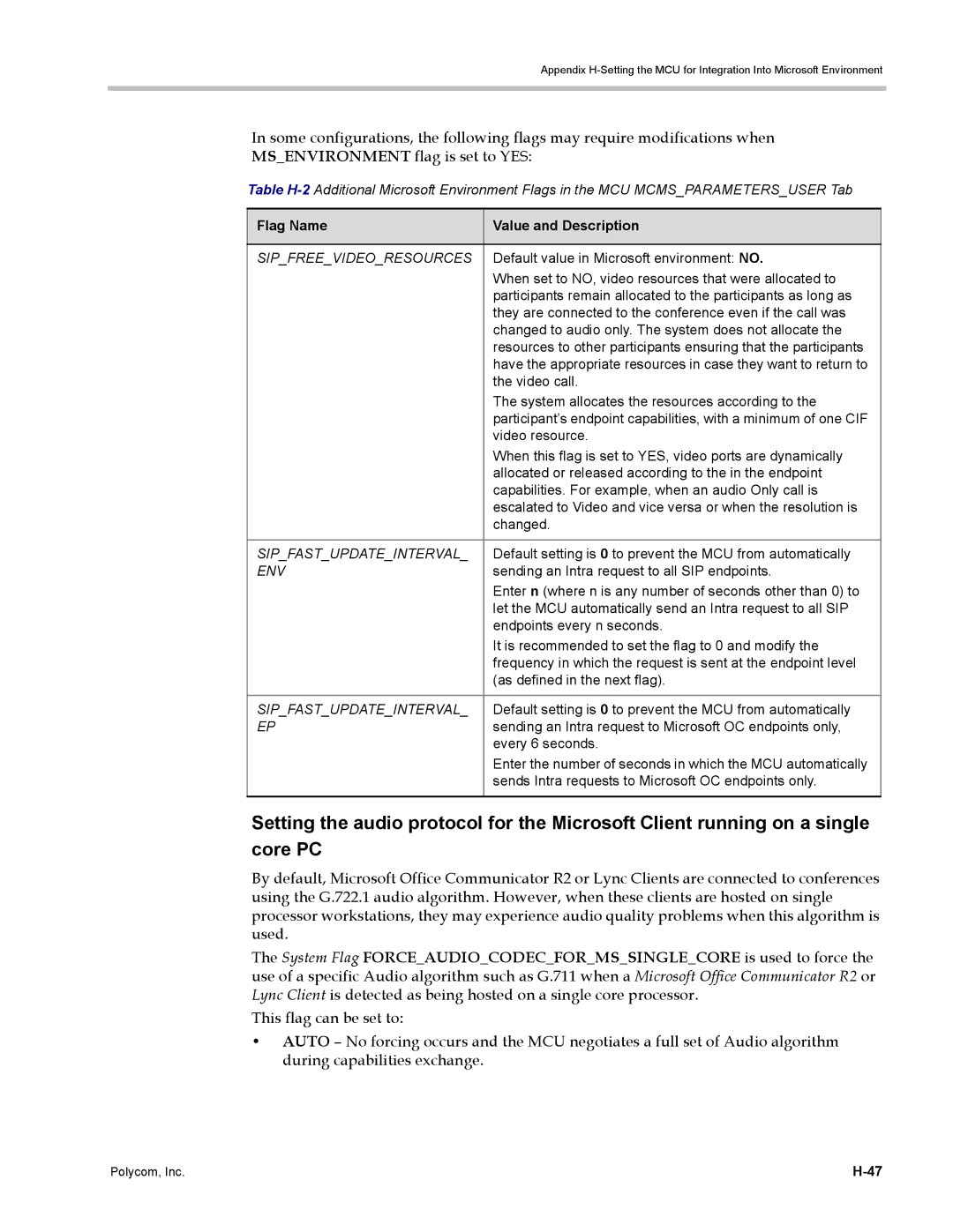 Polycom DOC2702A, RMX 1500 manual Flag Name Value and Description, Sipfreevideoresources, Sipfastupdateinterval, Env 