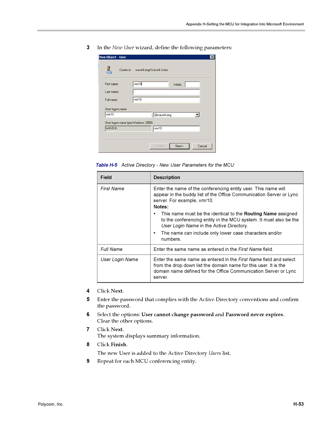 Polycom DOC2702A, RMX 1500 manual New User wizard, define the following parameters 