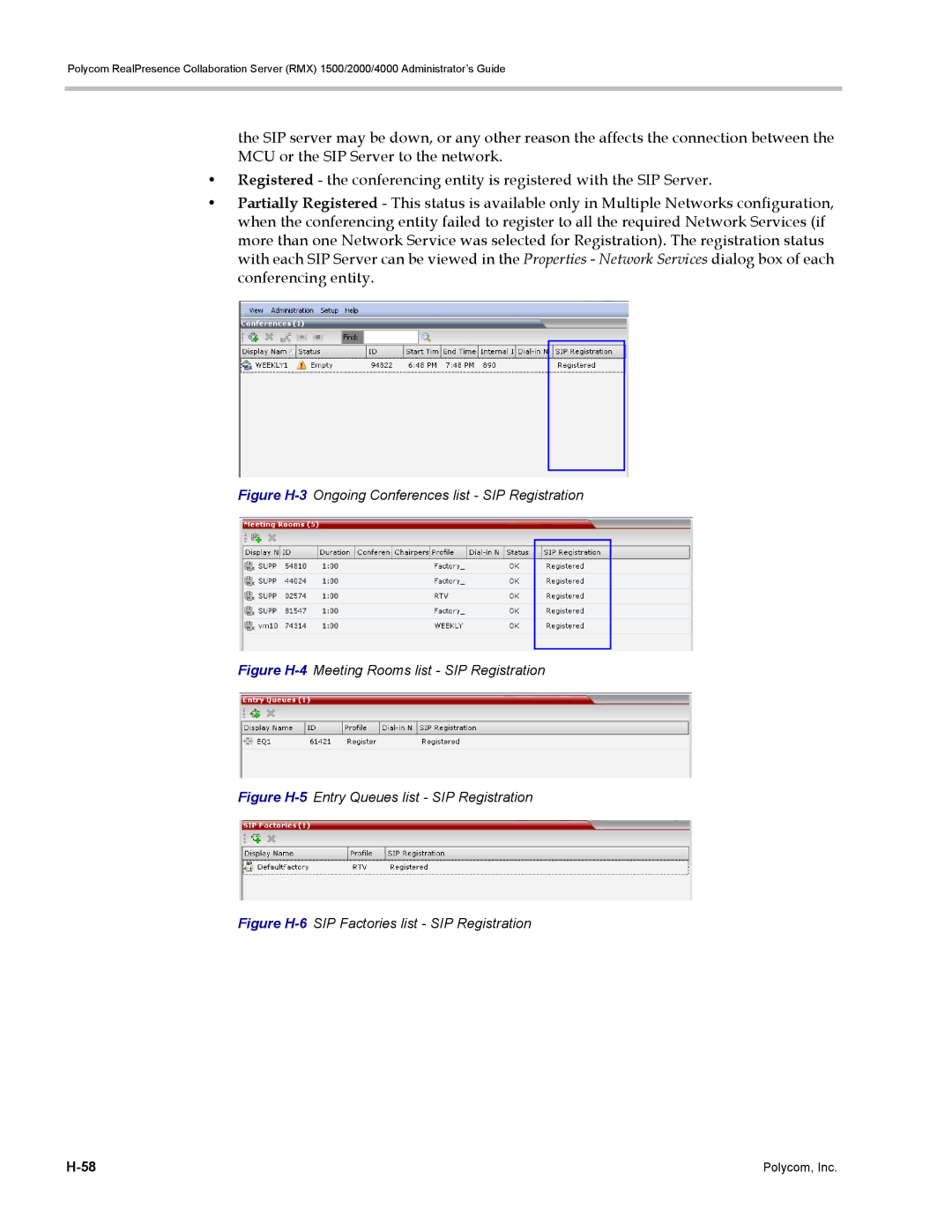 Polycom RMX 1500, DOC2702A manual Figure H-3Ongoing Conferences list SIP Registration 