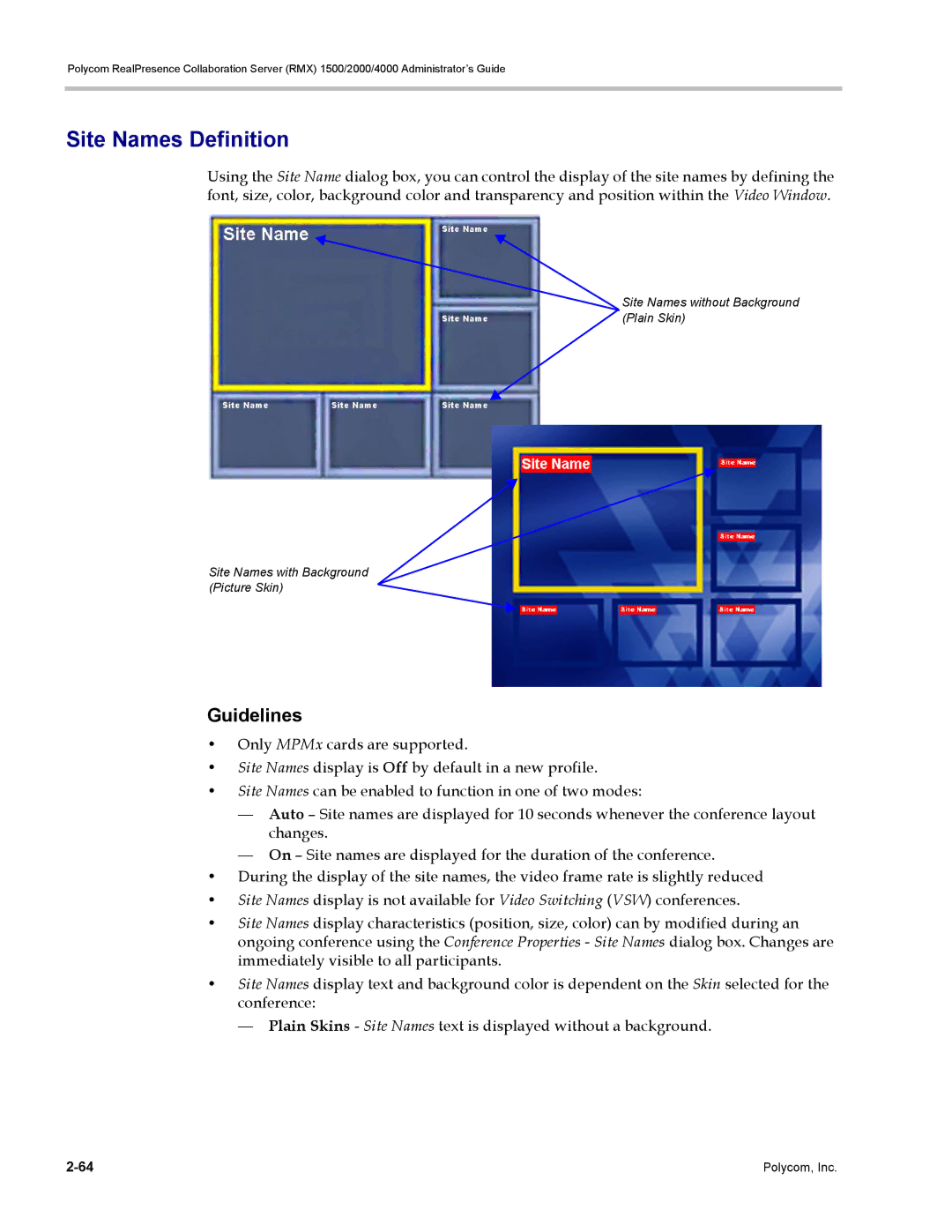 Polycom RMX 1500, DOC2702A manual Site Names Definition, Guidelines 