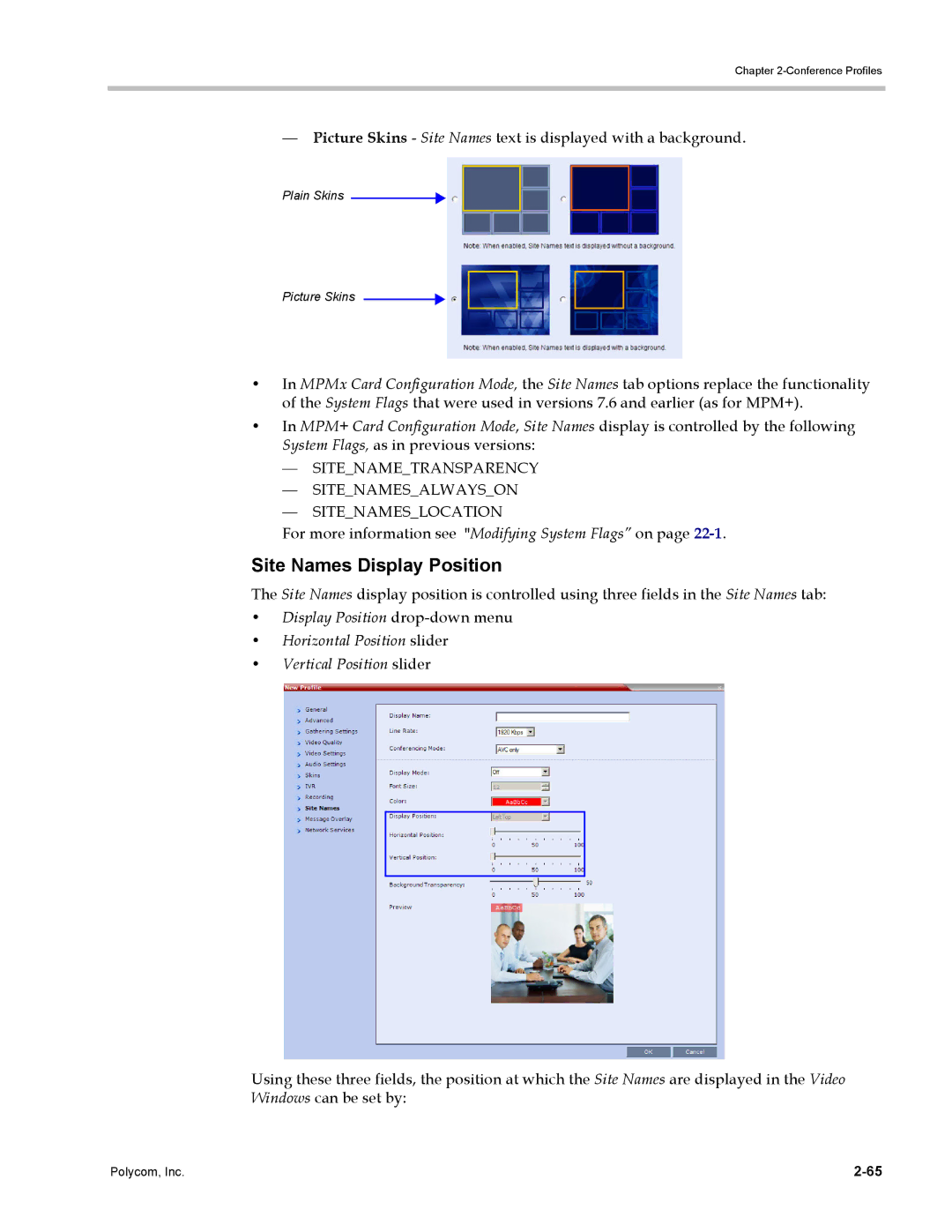 Polycom DOC2702A, RMX 1500 manual Site Names Display Position, For more information see Modifying System Flags on 