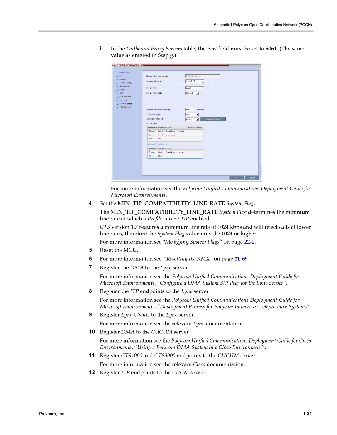 Polycom DOC2702A, RMX 1500 Set the Mintipcompatibilitylinerate System Flag, Register the ITP endpoints to the Lync server 