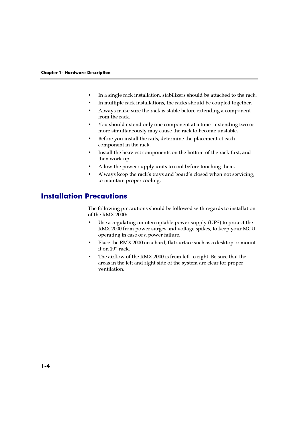 Polycom RMX 2000 manual Installation Precautions 