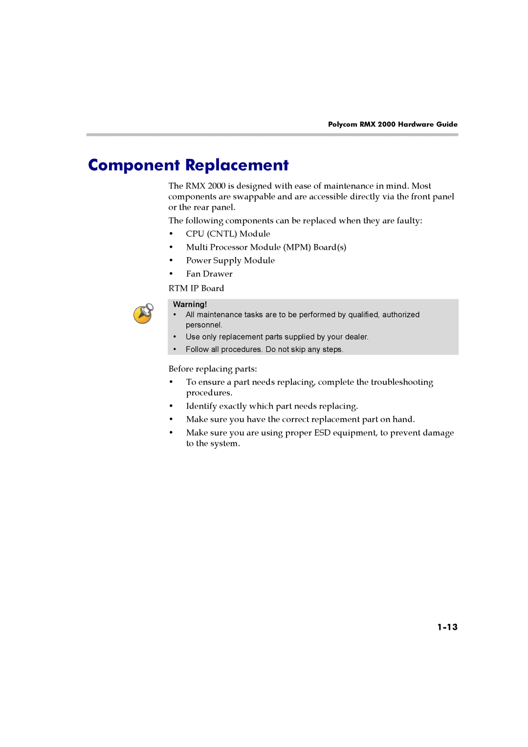 Polycom RMX 2000 manual Component Replacement 