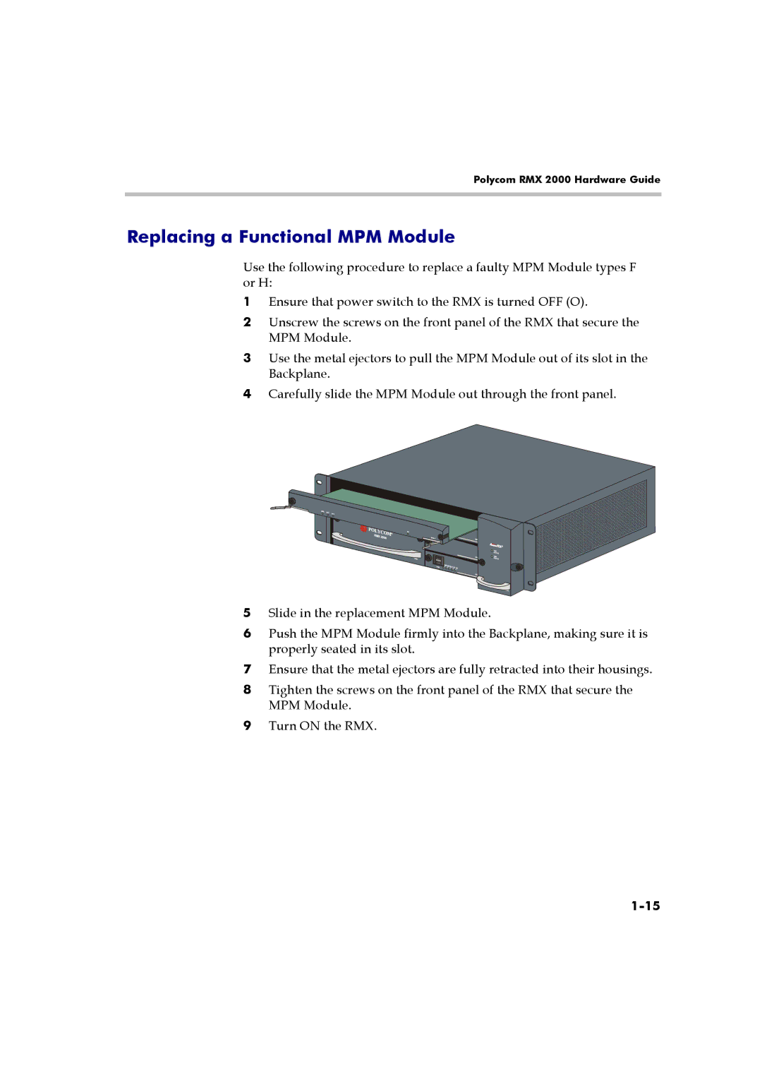 Polycom RMX 2000 manual Replacing a Functional MPM Module 