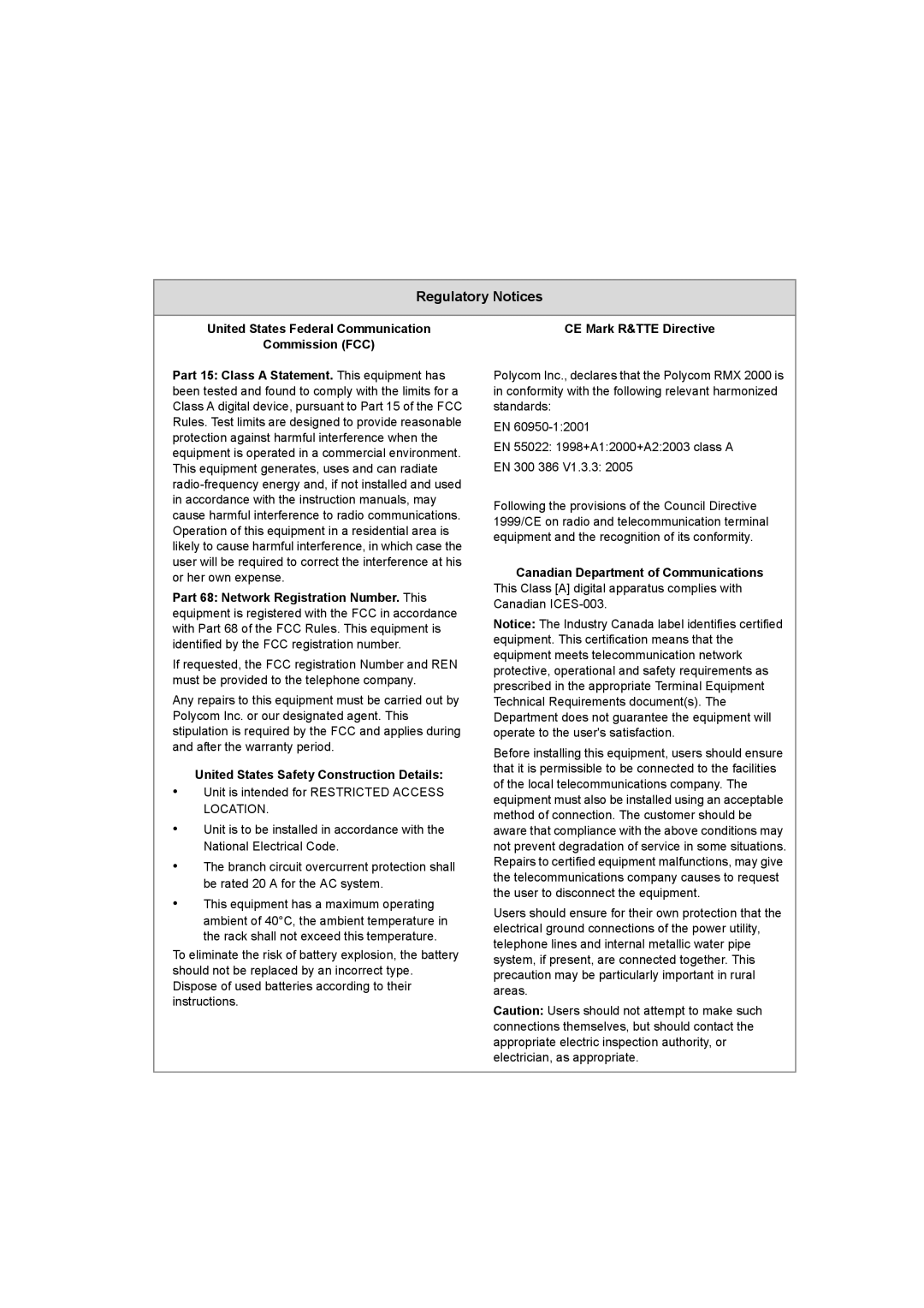 Polycom RMX 2000 manual Regulatory Notices, United States Federal Communication Commission FCC 