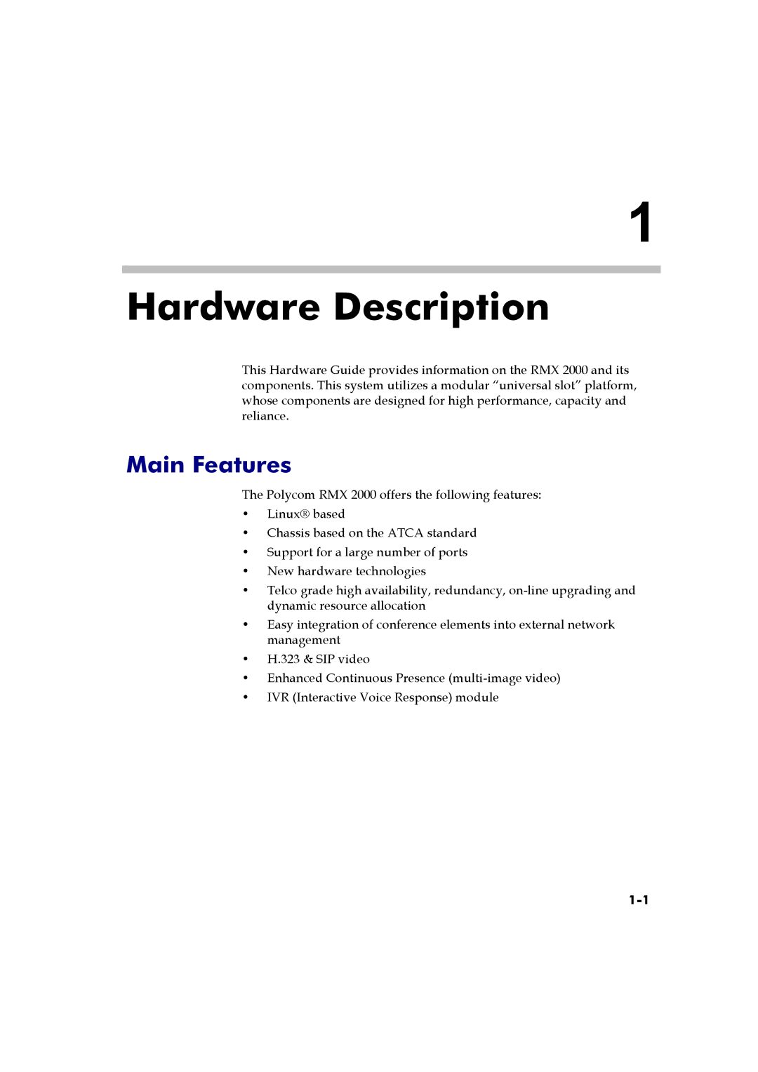 Polycom RMX 2000 manual Hardware Description, Main Features 