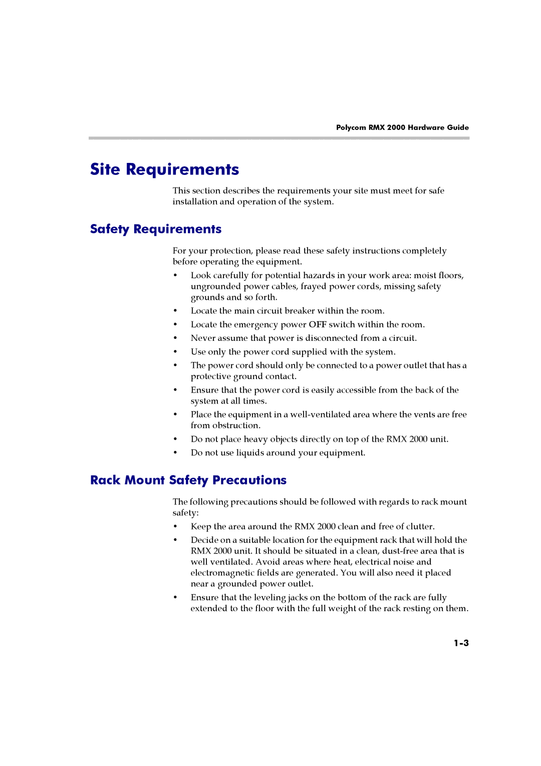 Polycom RMX 2000 manual Site Requirements, Safety Requirements, Rack Mount Safety Precautions 