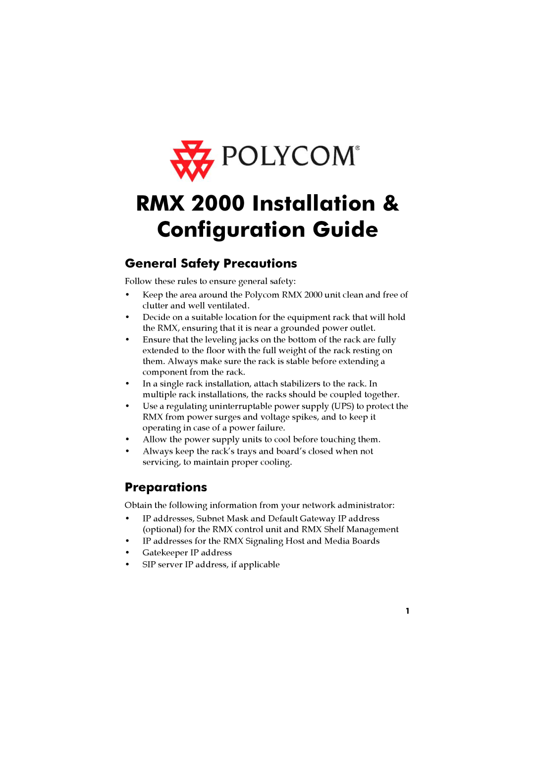 Polycom RMX 2000 manual General Safety Precautions, Preparations 