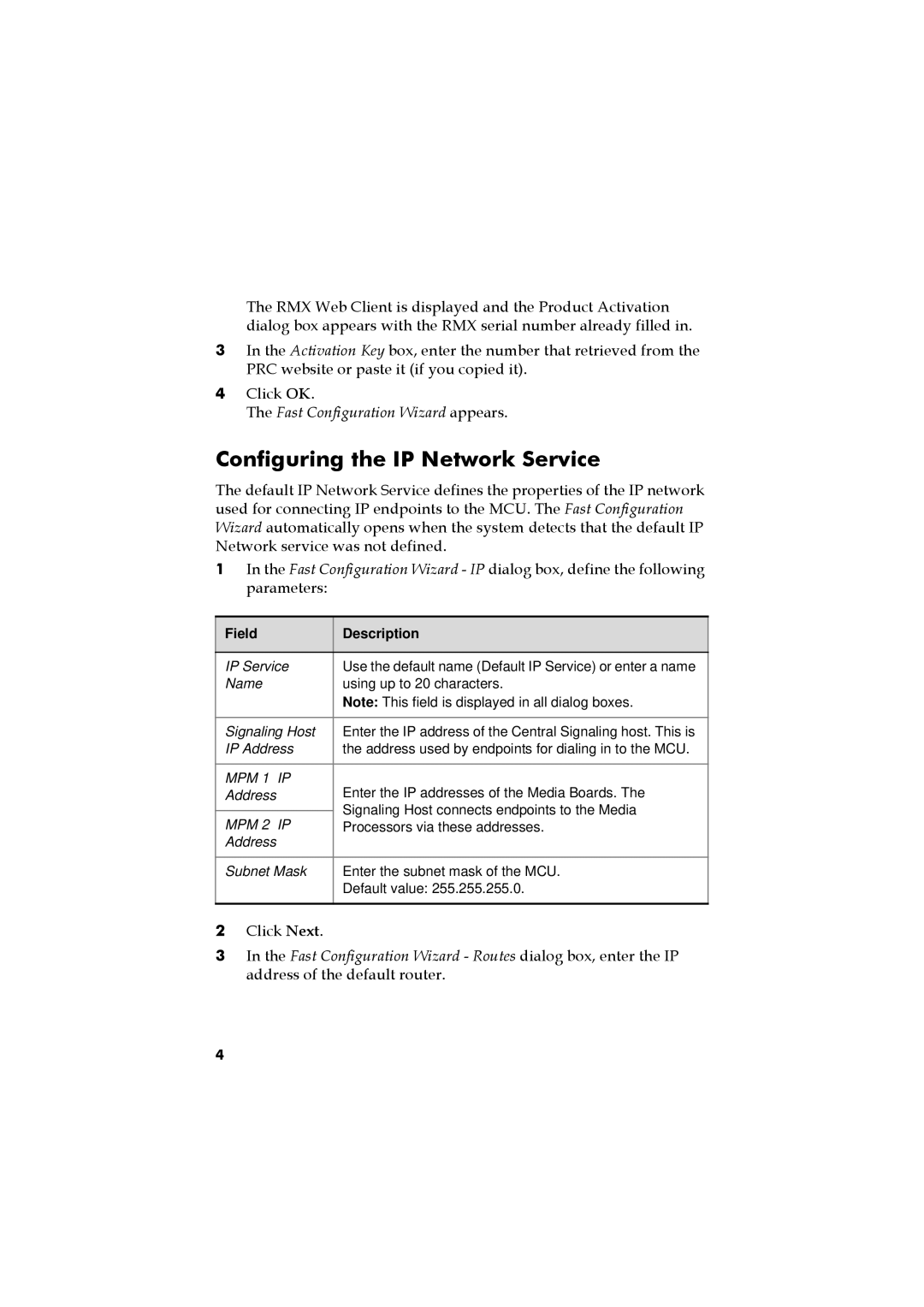 Polycom RMX 2000 manual Configuring the IP Network Service, Field Description 