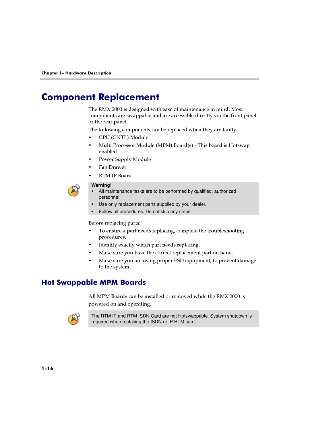 Polycom RMX 2000 manual Component Replacement, Hot Swappable MPM Boards 