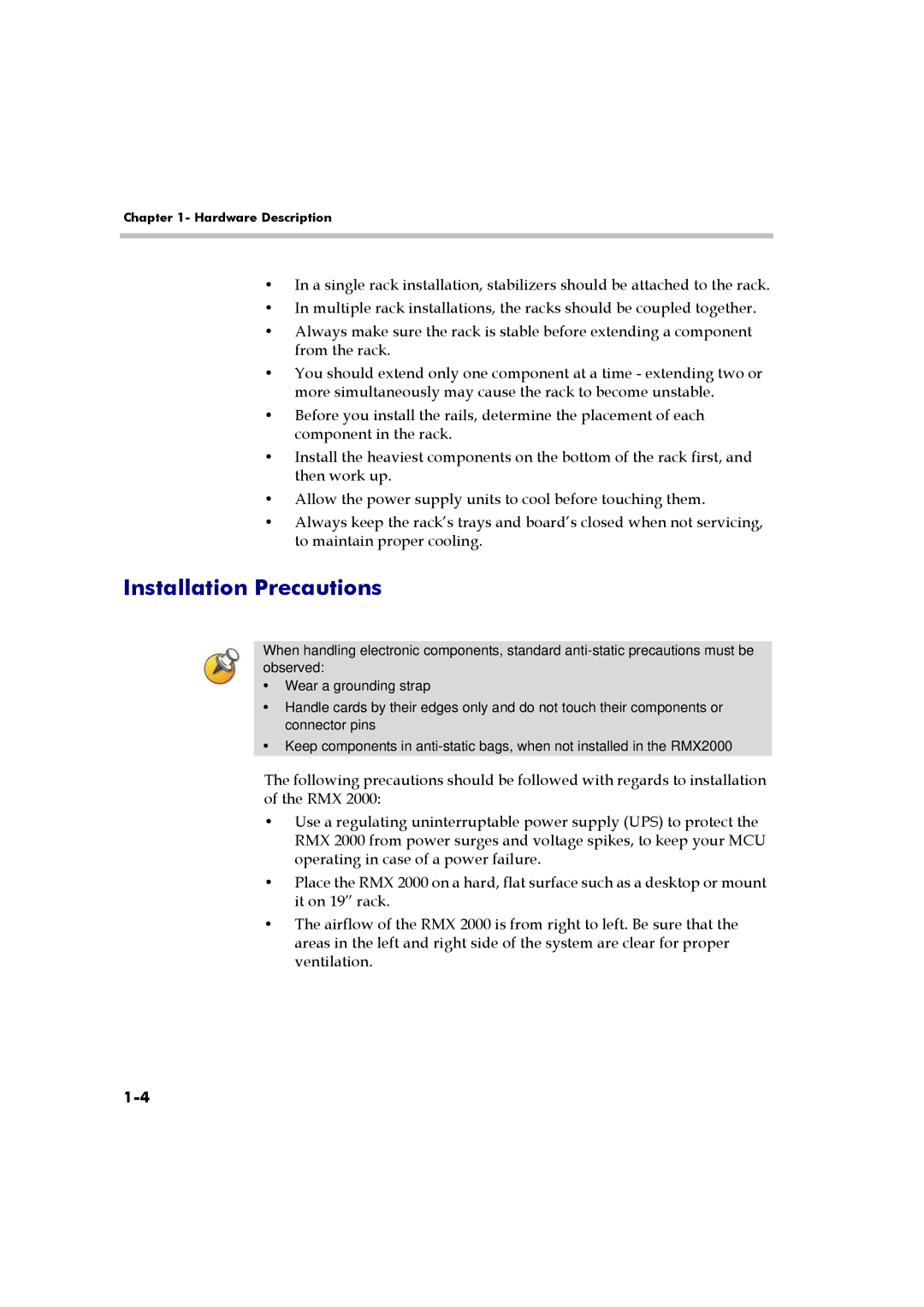 Polycom RMX 2000 manual Installation Precautions 