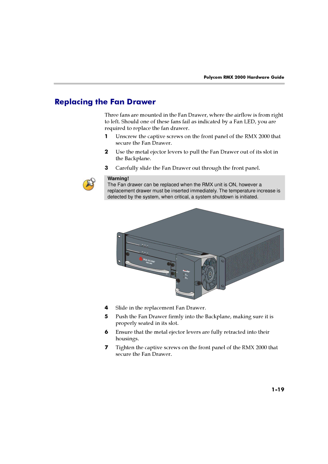 Polycom RMX 2000 manual Replacing the Fan Drawer 