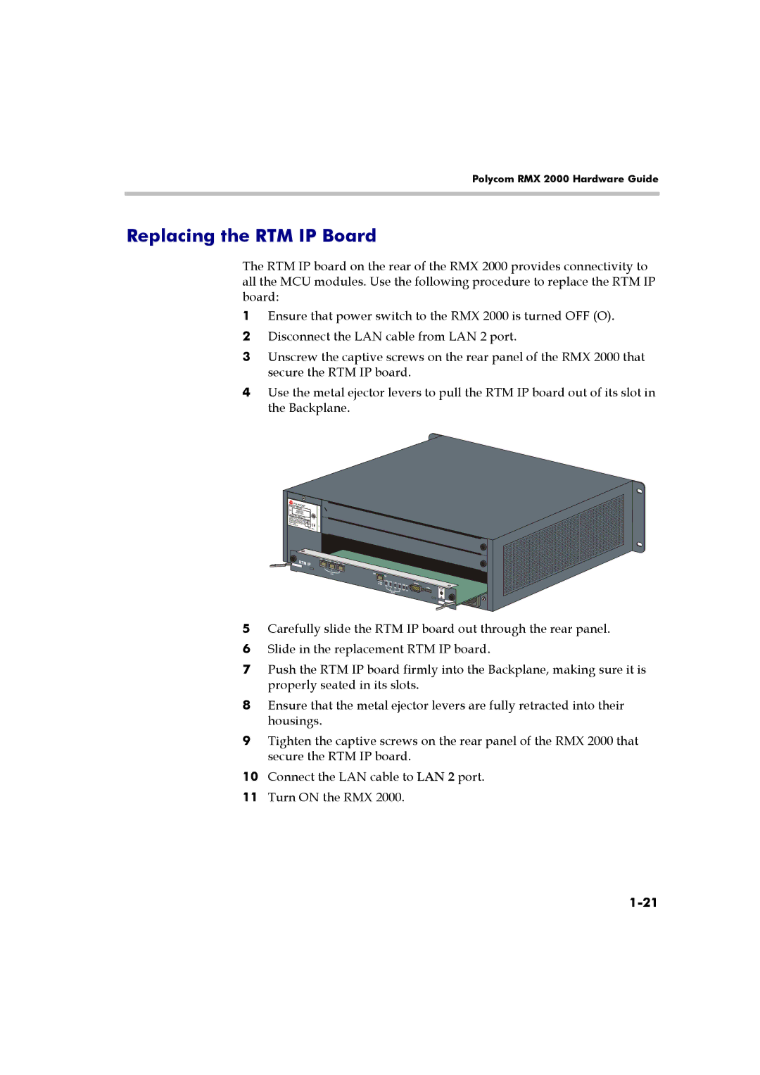 Polycom RMX 2000 manual Replacing the RTM IP Board 