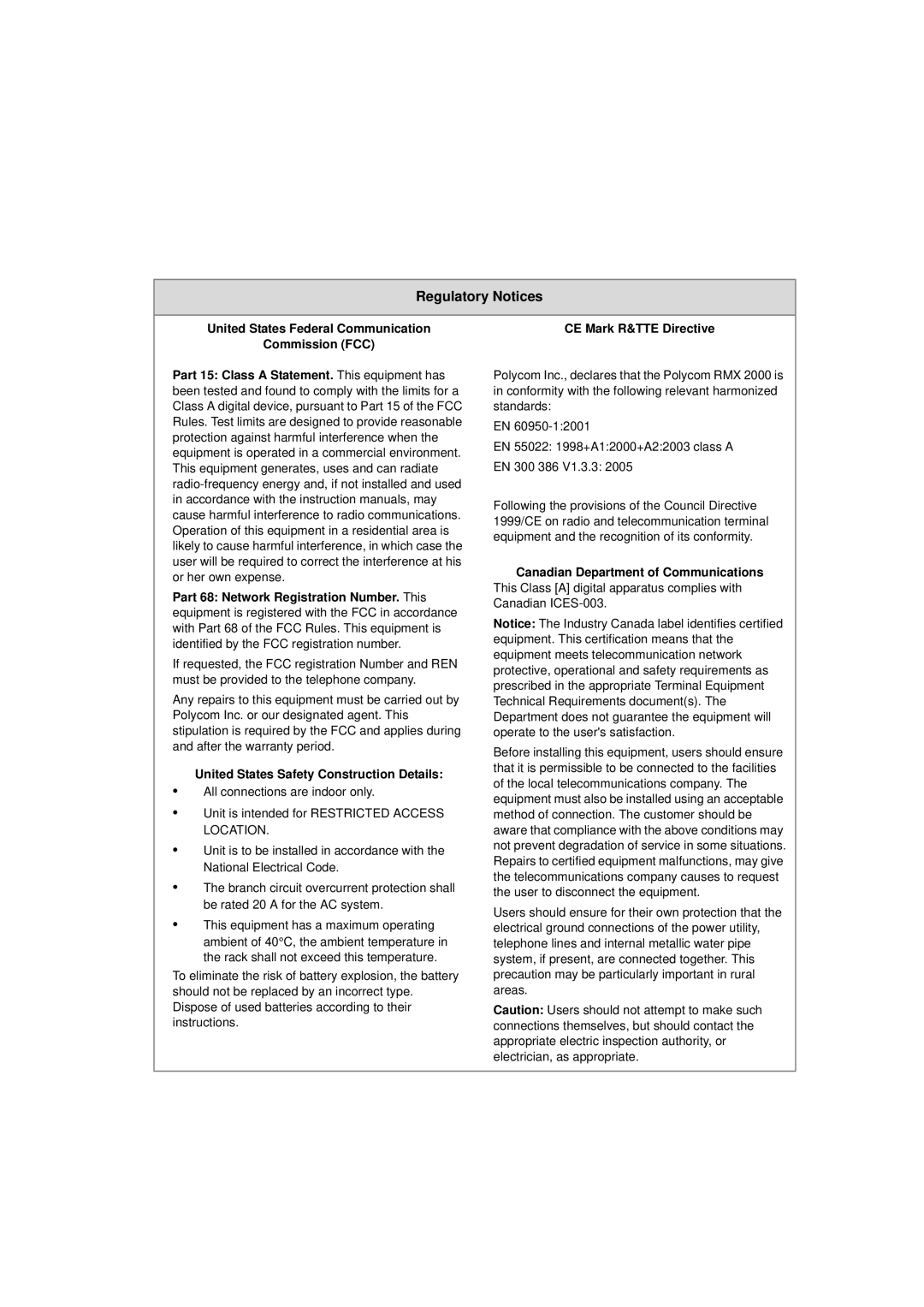 Polycom RMX 2000 manual Regulatory Notices, United States Federal Communication Commission FCC 