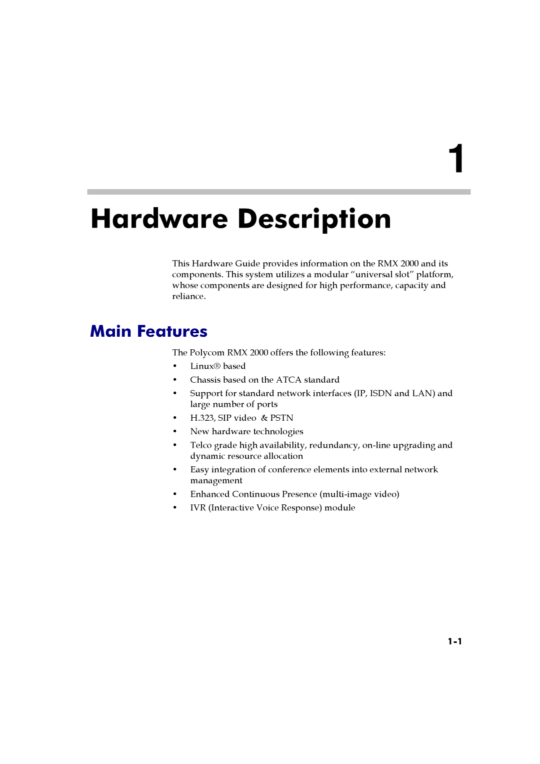 Polycom RMX 2000 manual Hardware Description, Main Features 