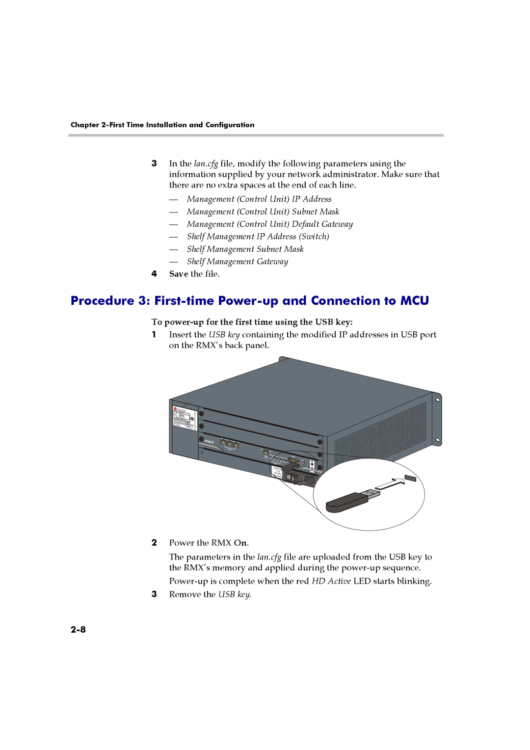 Polycom RMX 2000 Procedure 3 First-time Power-up and Connection to MCU, To power-up for the first time using the USB key 