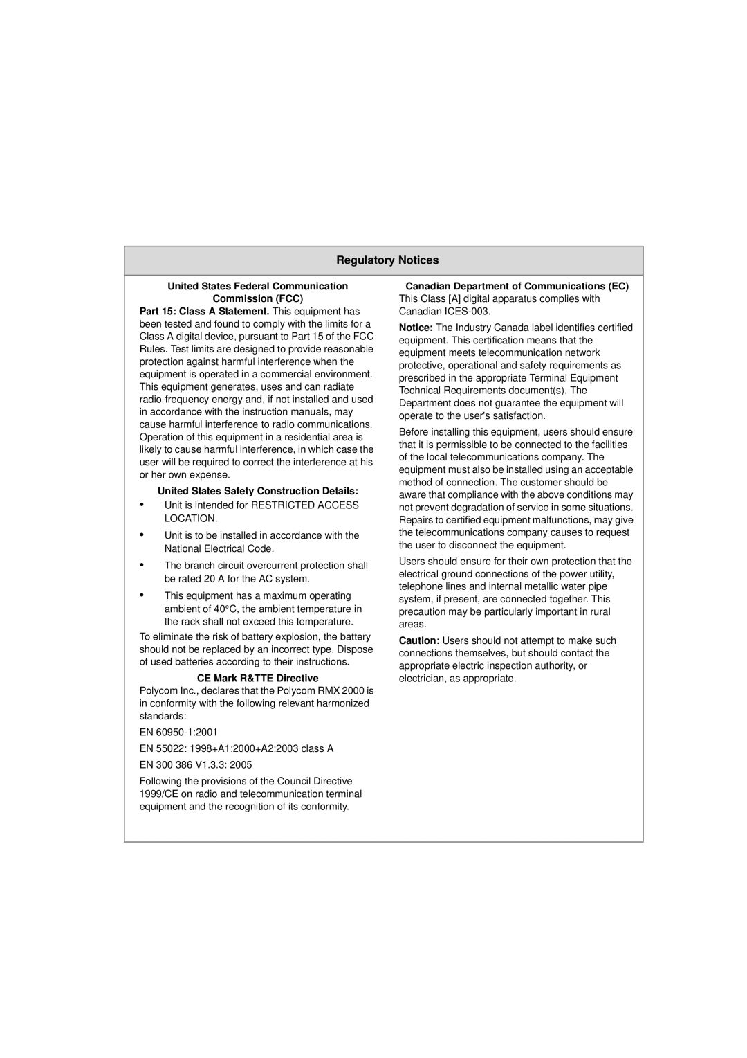 Polycom RMX 2000 manual Regulatory Notices 