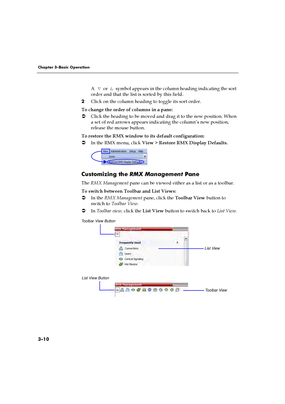 Polycom RMX 2000 manual Customizing the RMX Management Pane, To change the order of columns in a pane 