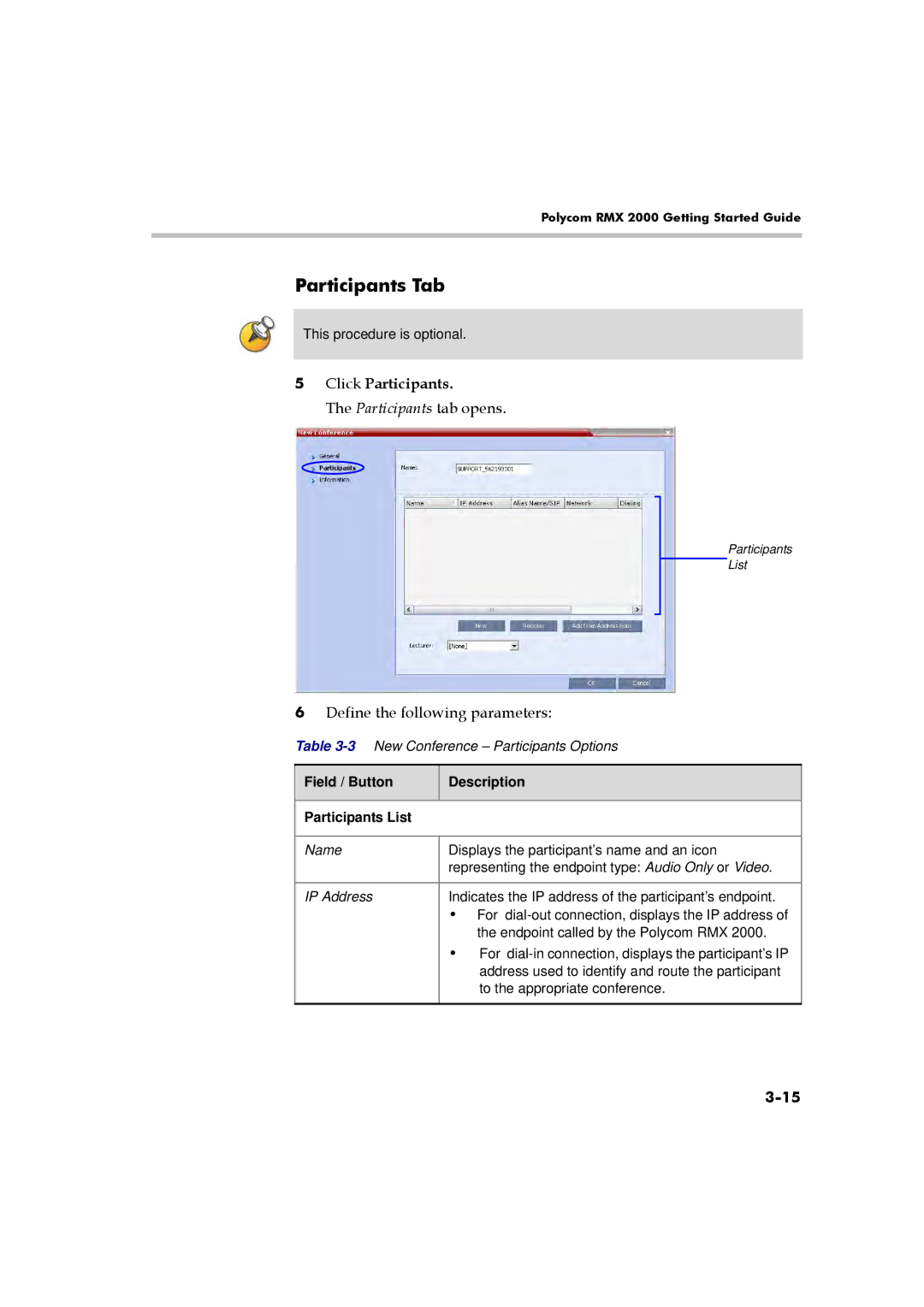 Polycom RMX 2000 manual Participants Tab, Click Participants 