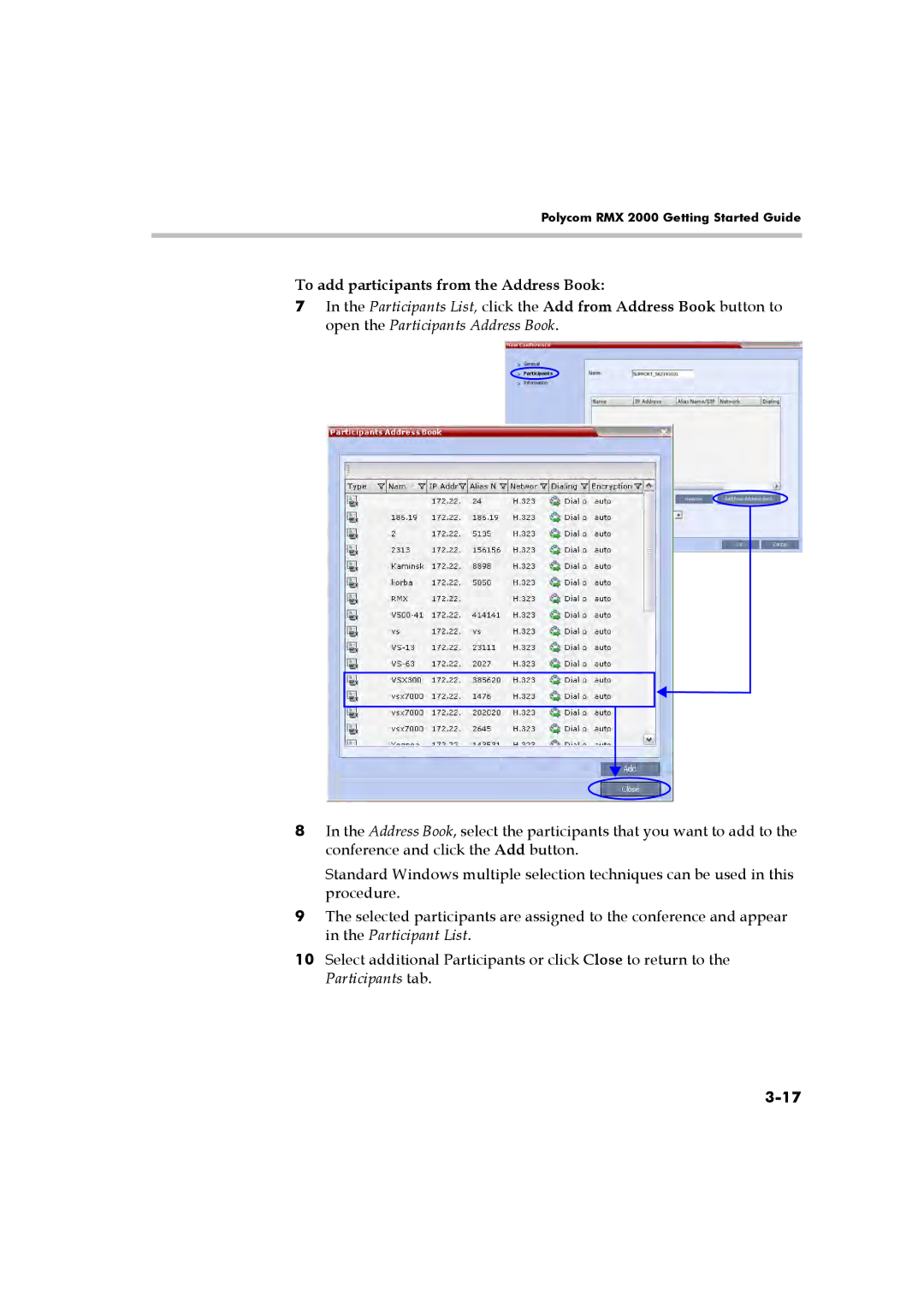 Polycom RMX 2000 manual To add participants from the Address Book 