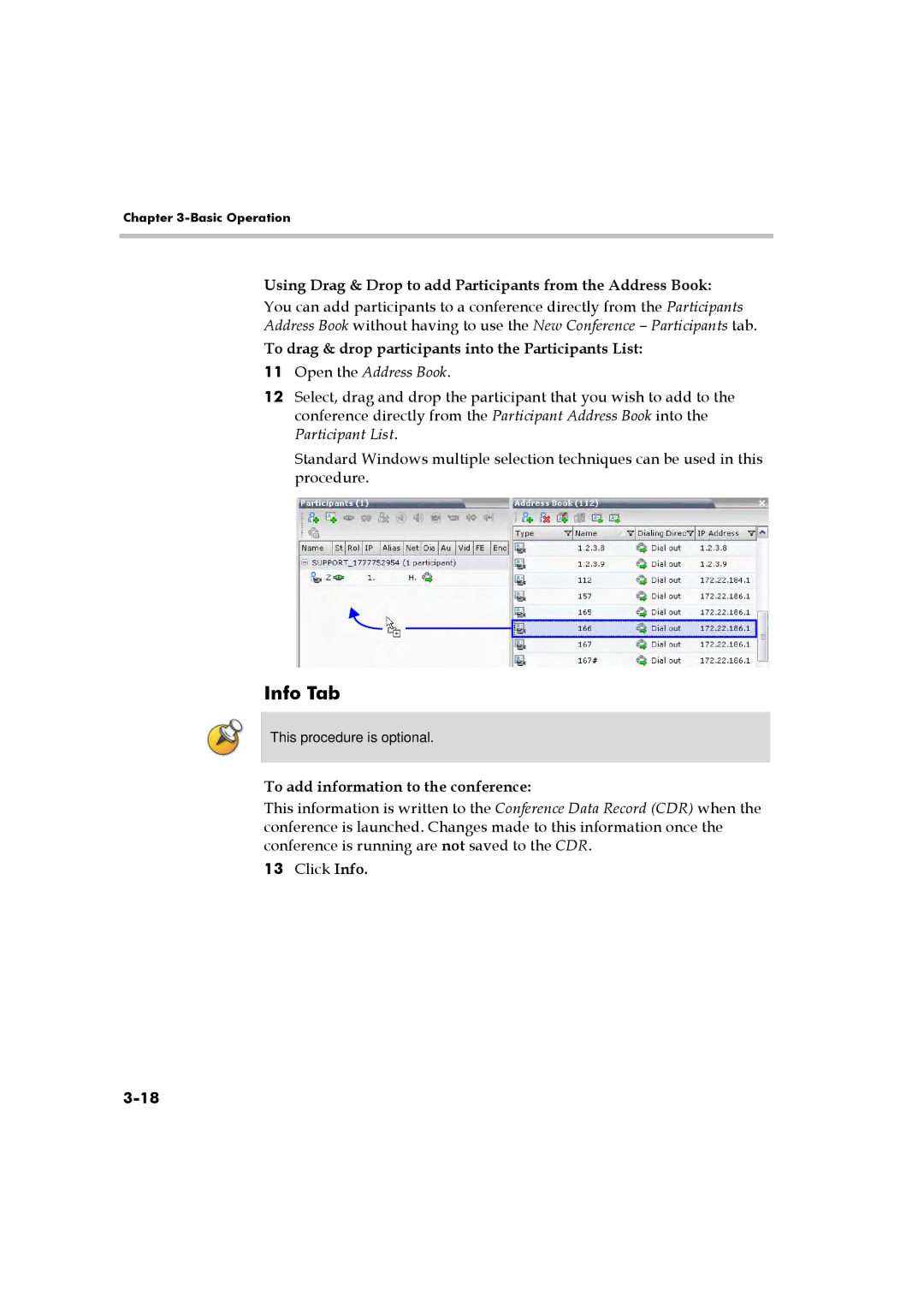 Polycom RMX 2000 manual Info Tab, Using Drag & Drop to add Participants from the Address Book 