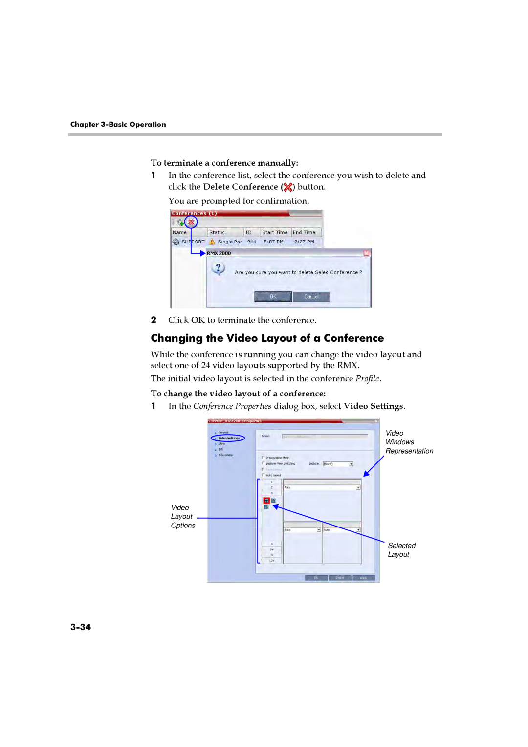 Polycom RMX 2000 Changing the Video Layout of a Conference, To terminate a conference manually 