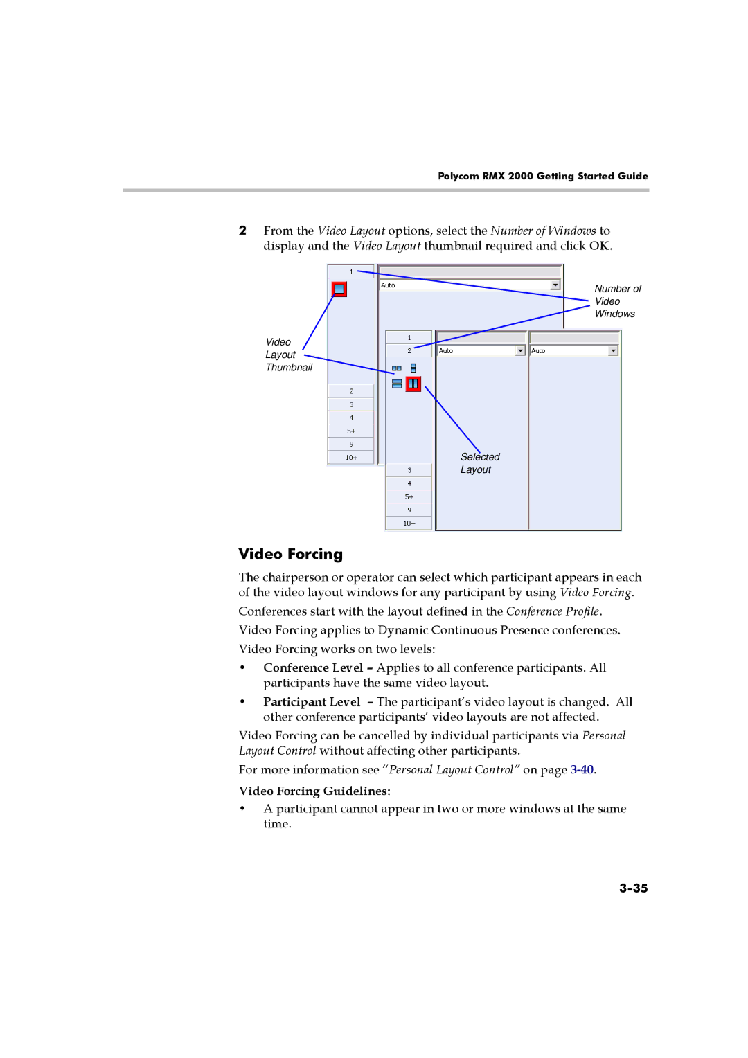 Polycom RMX 2000 manual Video Forcing Guidelines 