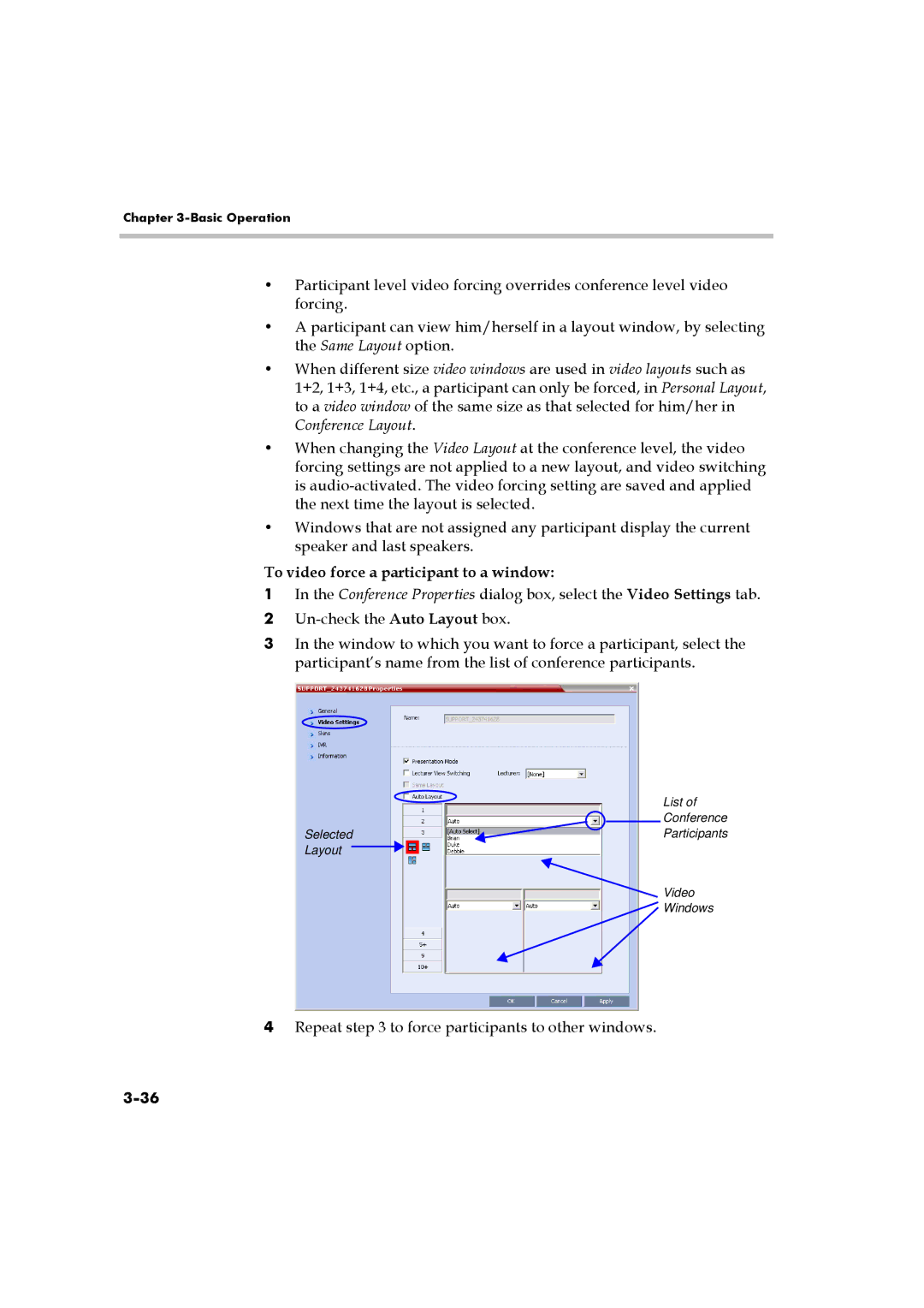 Polycom RMX 2000 manual To video force a participant to a window 