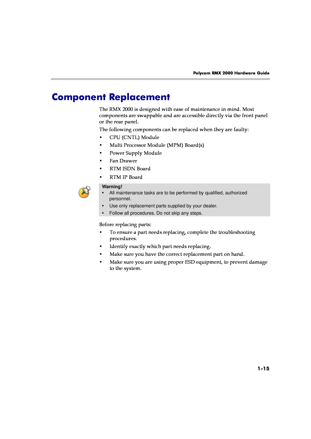 Polycom RMX 2000 manual Component Replacement, 1-15 