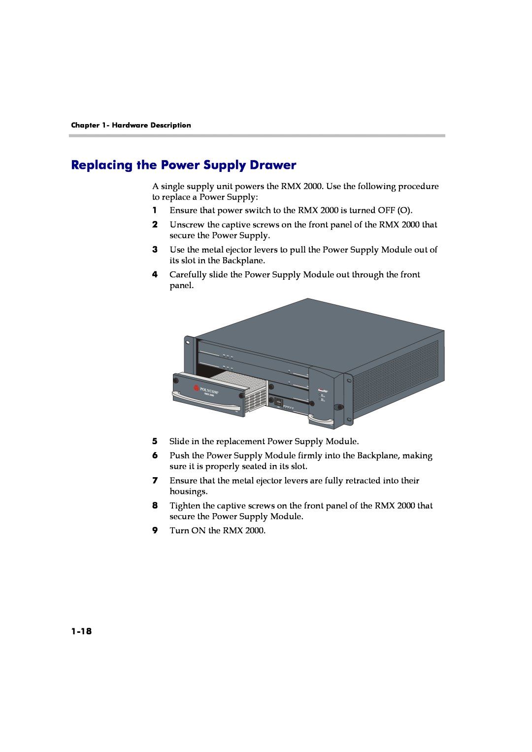 Polycom RMX 2000 manual Replacing the Power Supply Drawer, 1-18 