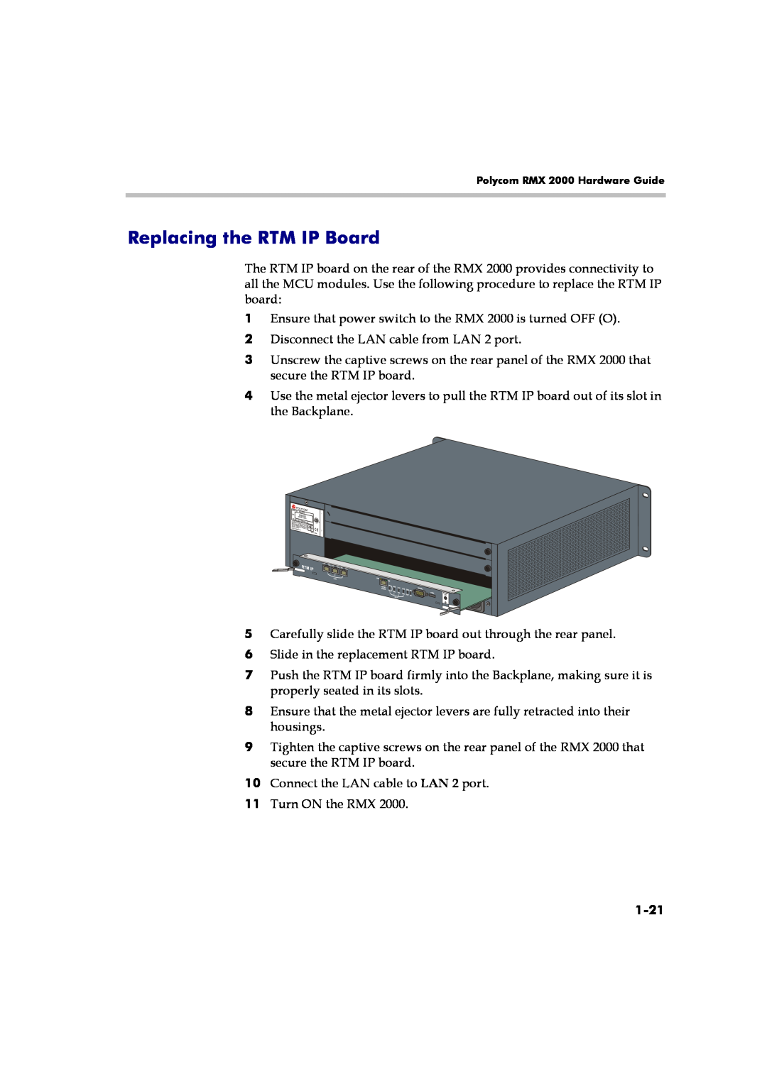 Polycom RMX 2000 manual Replacing the RTM IP Board, 1-21 
