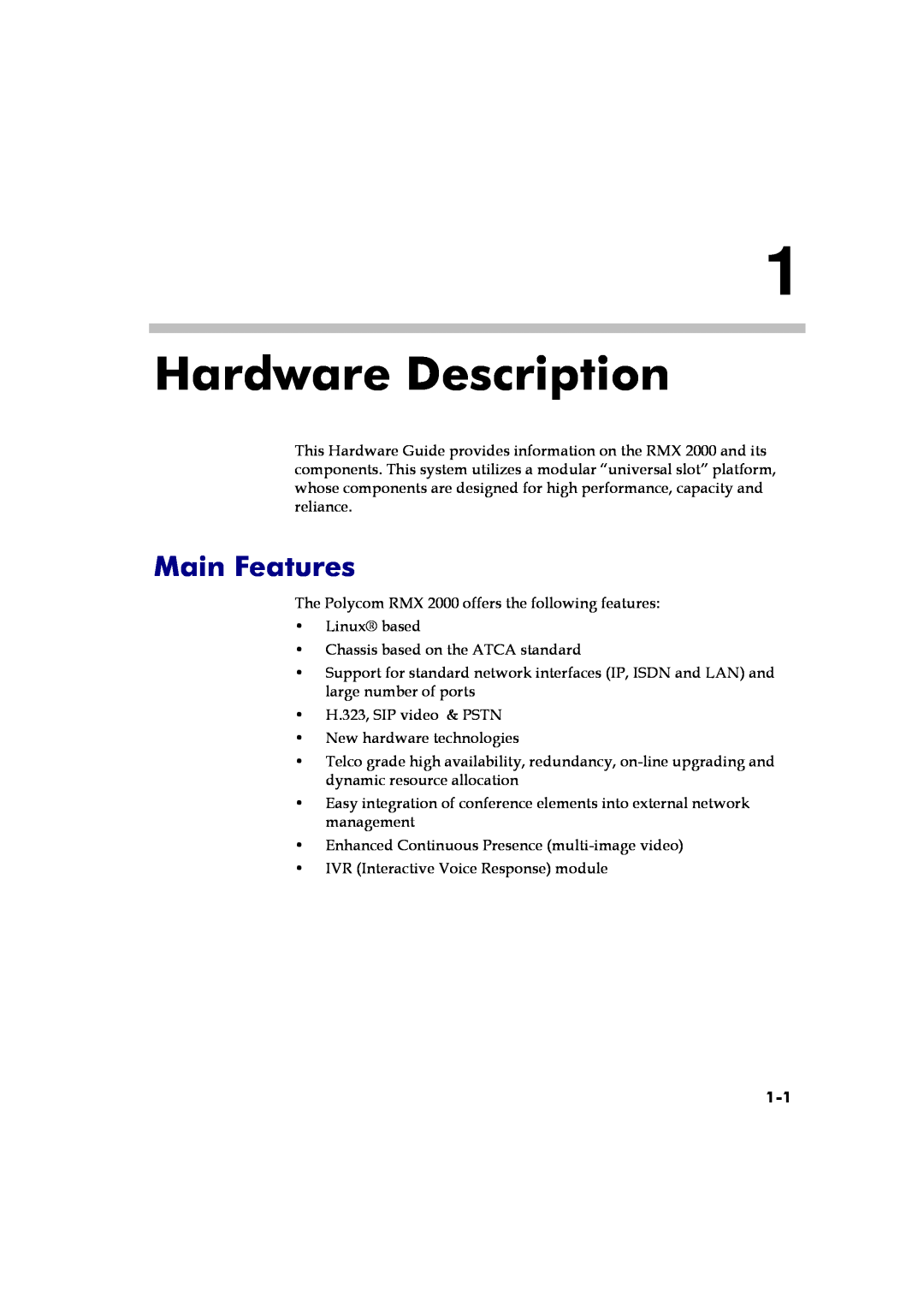 Polycom RMX 2000 manual Main Features, Hardware Description 
