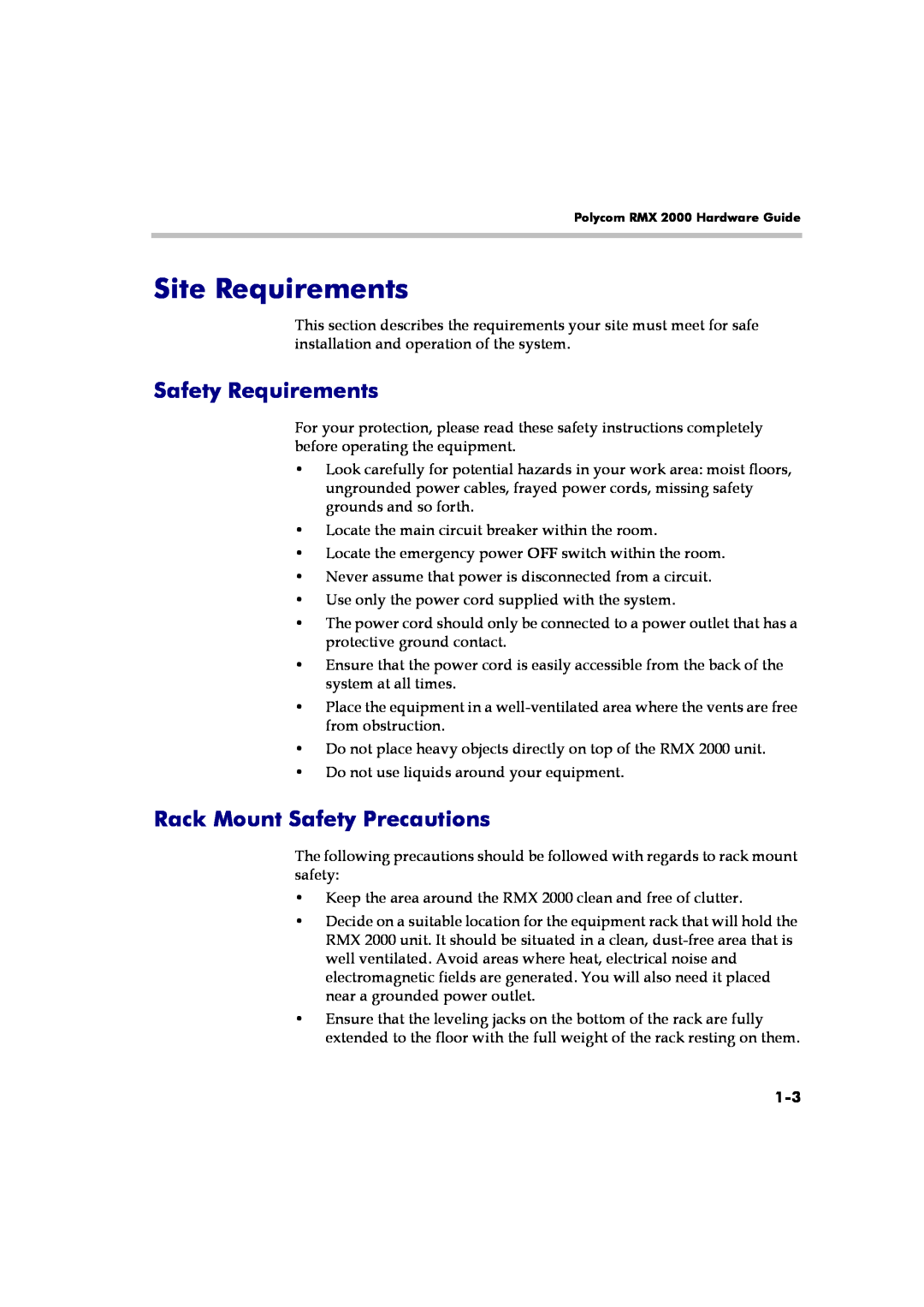 Polycom RMX 2000 manual Site Requirements, Safety Requirements, Rack Mount Safety Precautions 