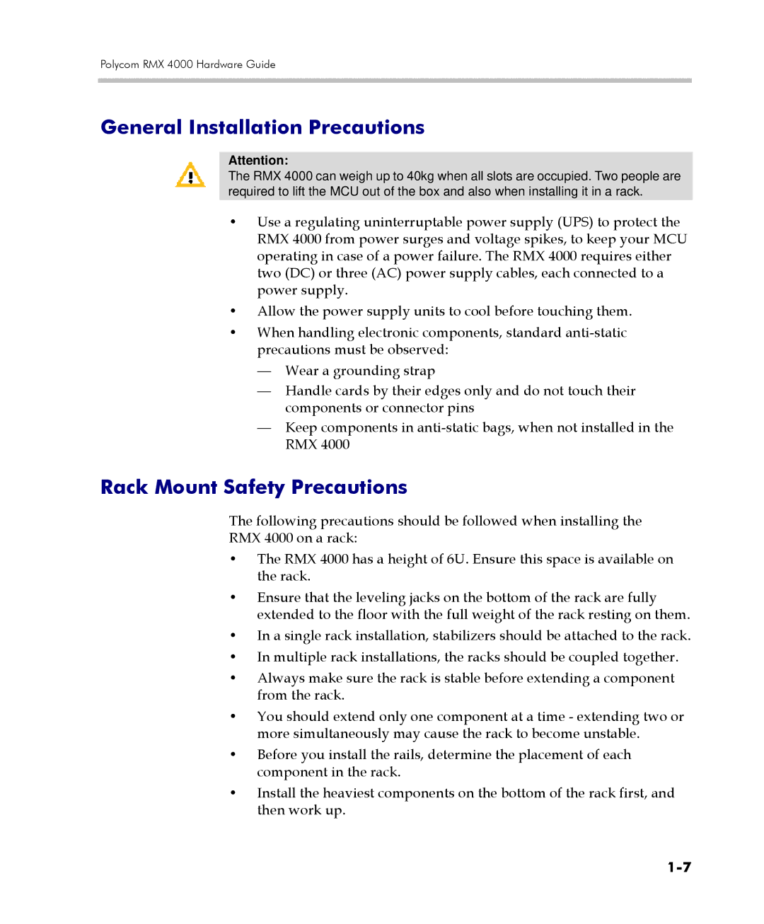 Polycom RMX 4000 manual General Installation Precautions, Rack Mount Safety Precautions 