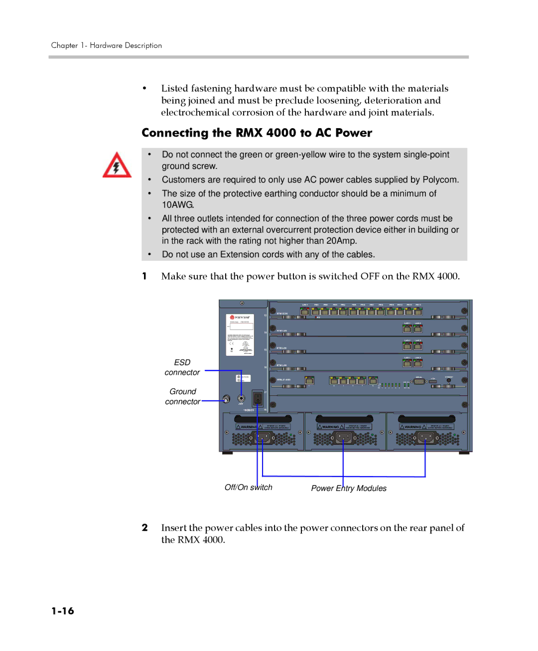 Polycom manual Connecting the RMX 4000 to AC Power, Make sure that the power button is switched OFF on the RMX 