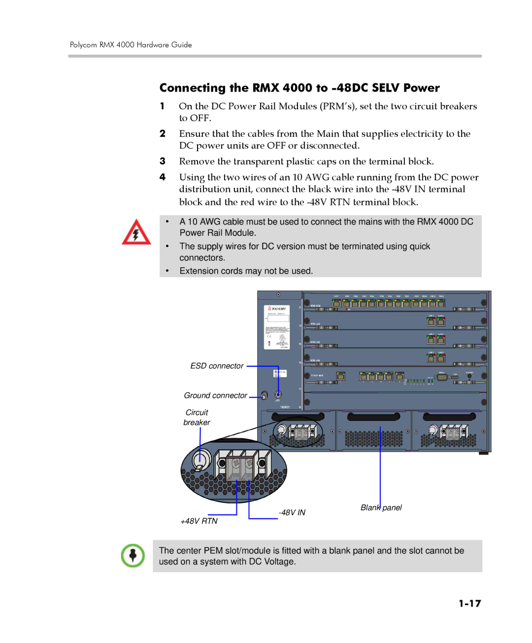 Polycom manual Connecting the RMX 4000 to -48DC Selv Power 