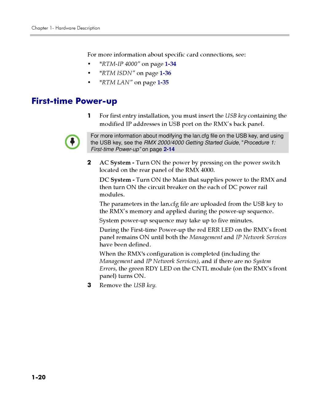 Polycom RMX 4000 manual First-time Power-up, For more information about specific card connections, see, RTM LAN on 