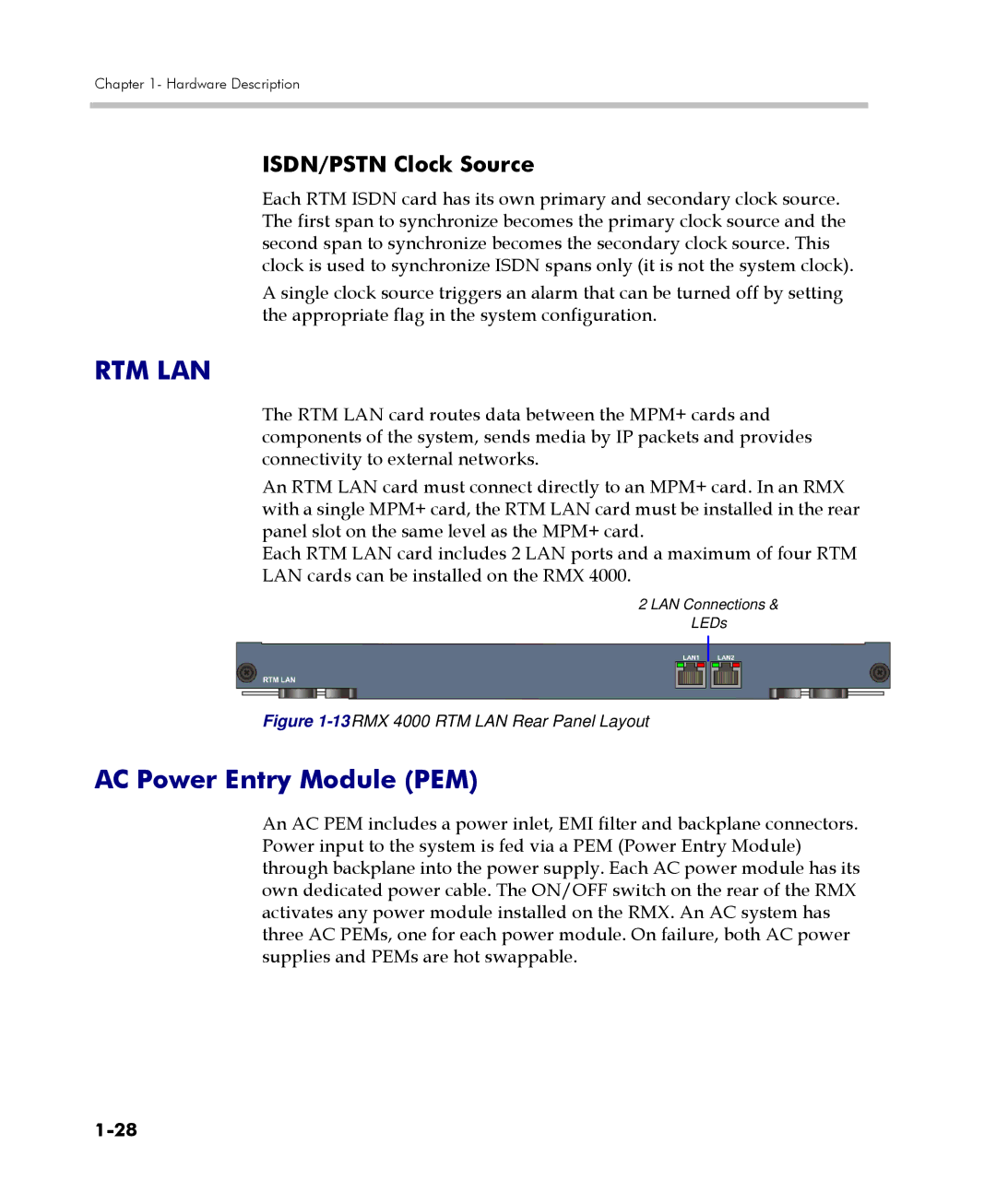 Polycom RMX 4000 manual AC Power Entry Module PEM, ISDN/PSTN Clock Source 