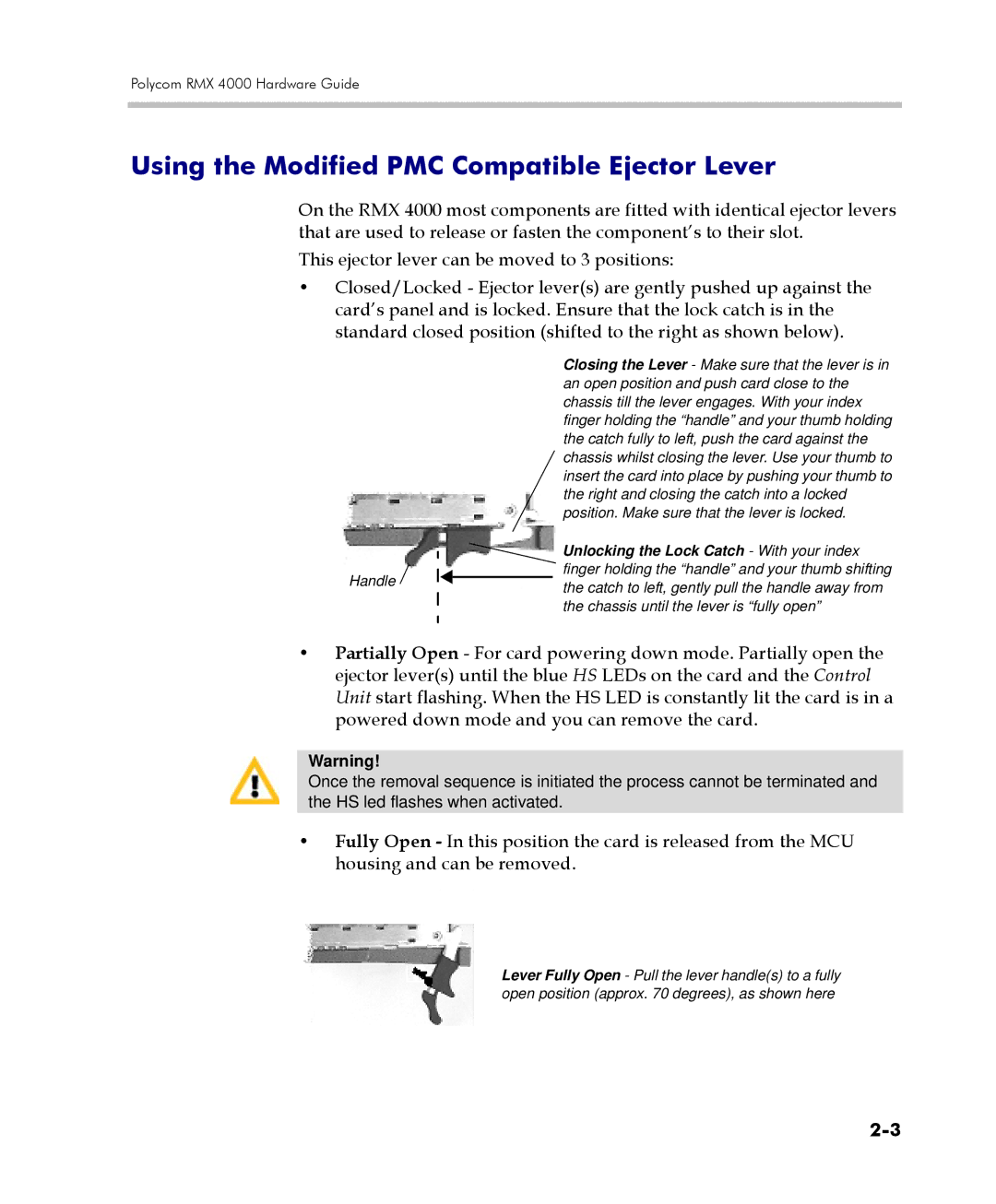 Polycom RMX 4000 manual Using the Modified PMC Compatible Ejector Lever, Handle 