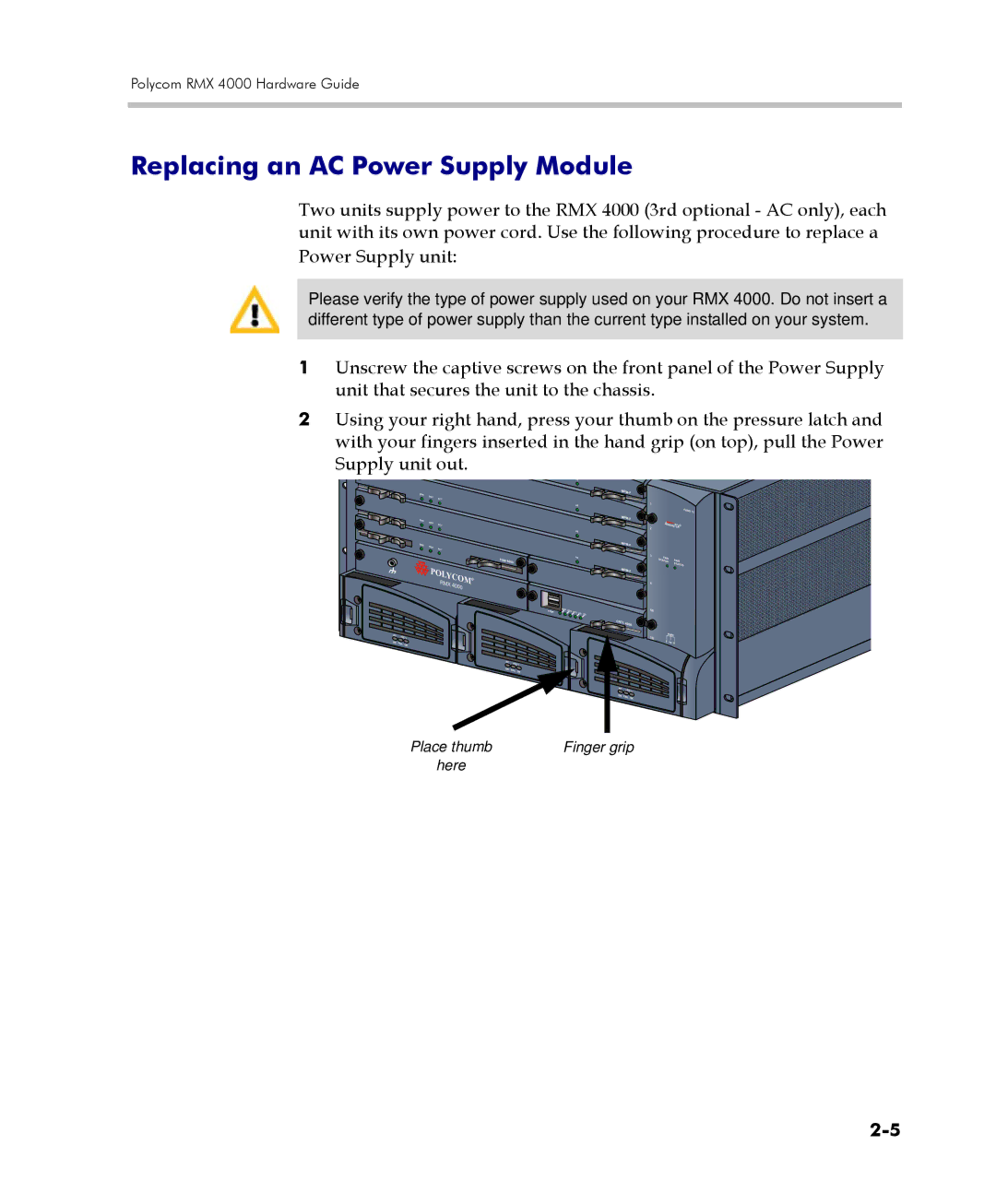 Polycom RMX 4000 manual Replacing an AC Power Supply Module 