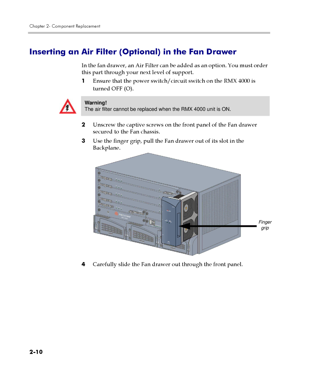 Polycom RMX 4000 manual Inserting an Air Filter Optional in the Fan Drawer 